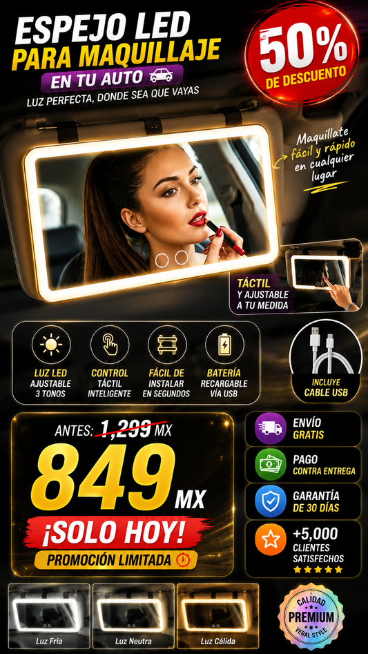 🚗💄 Espejo LED para Auto | Maquillaje Perfecto en Cualquier Lugar ✨🔥