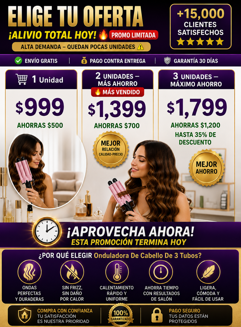 Onduladora De Cabello 3 Tubos Profesional Premium