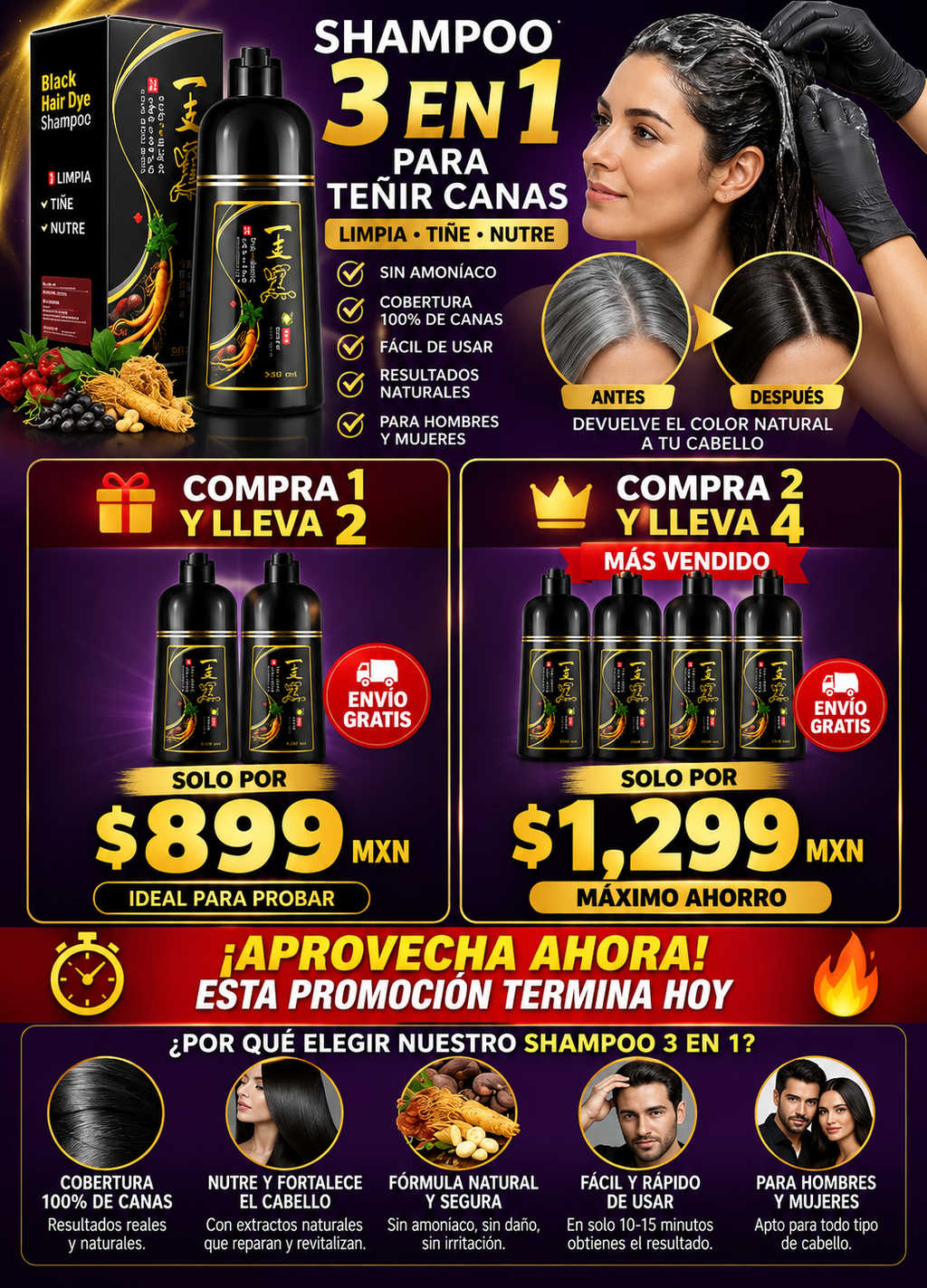 Shampoo 3 en 1 Tiñe Canas Raíces Profesional