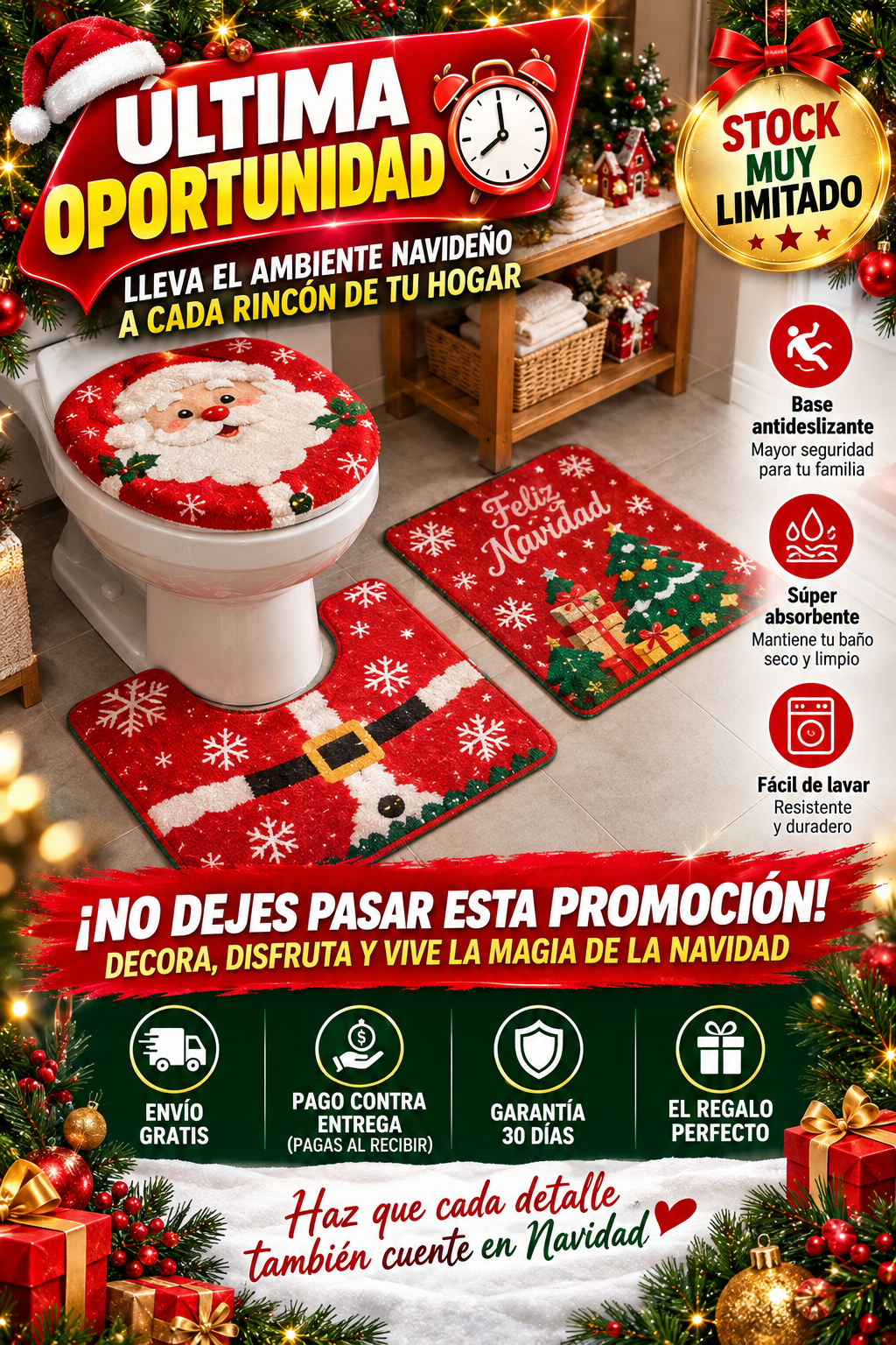 Juego Tres Alfombras Baño Navidad Premium Antideslizante