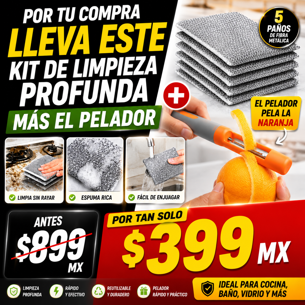 🧽 Kit de Limpieza Profunda + Pelador Multifuncional | ¡Ahorra Tiempo en tu Cocina!😍