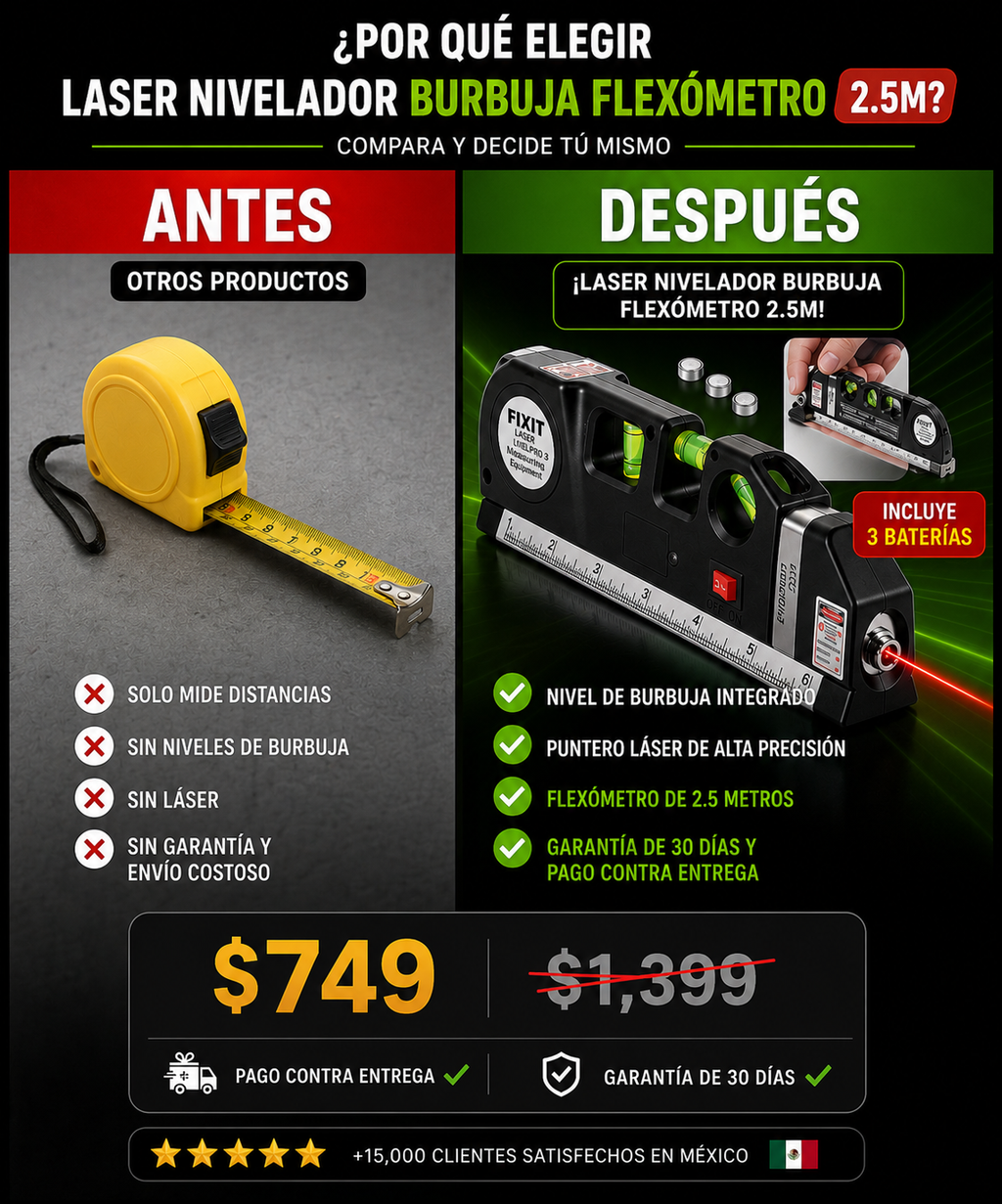 Láser Nivelador + Flexómetro 2.5m Profesional