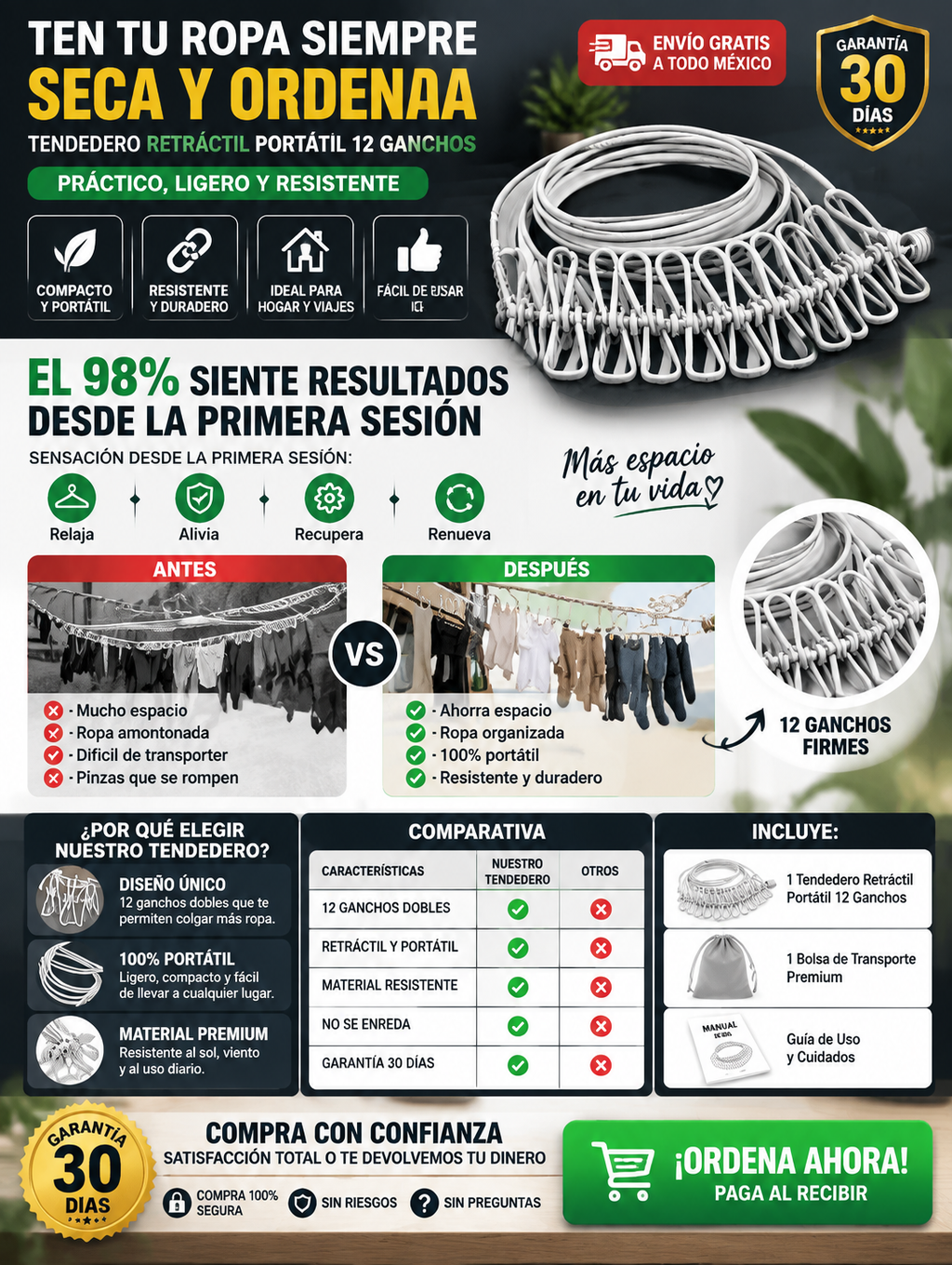 Tendedero Retráctil Portátil 12 Ganchos 2 Piezas