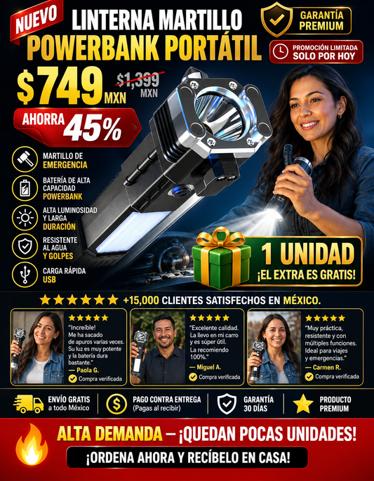 Linterna Martillo Powerbank 3 en 1 Portátil
