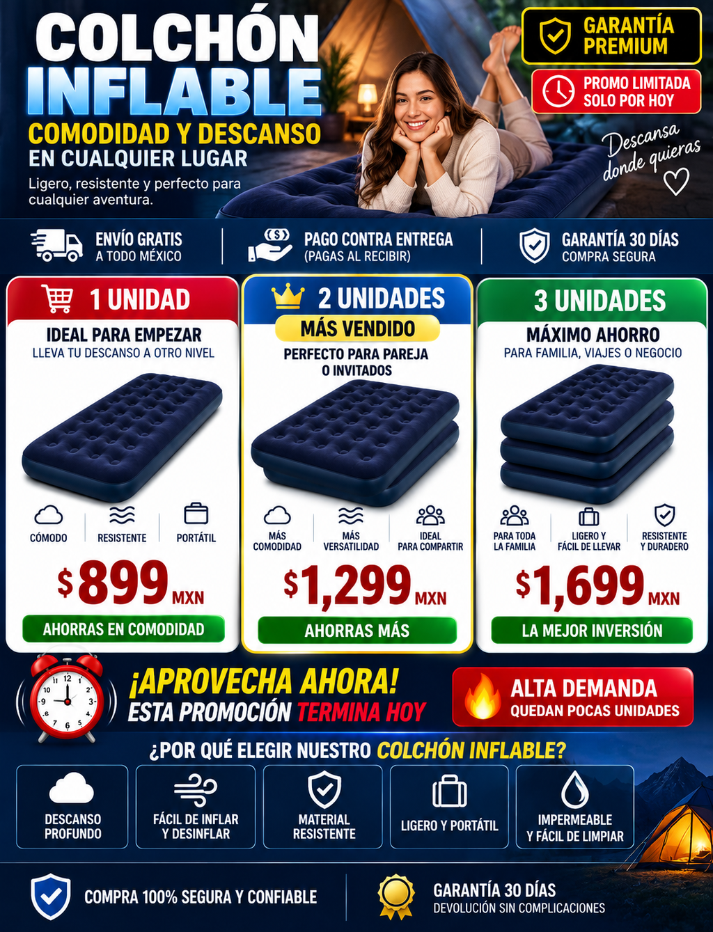 Colchón Inflable Individual Camping Resistente Cómodo Aire
