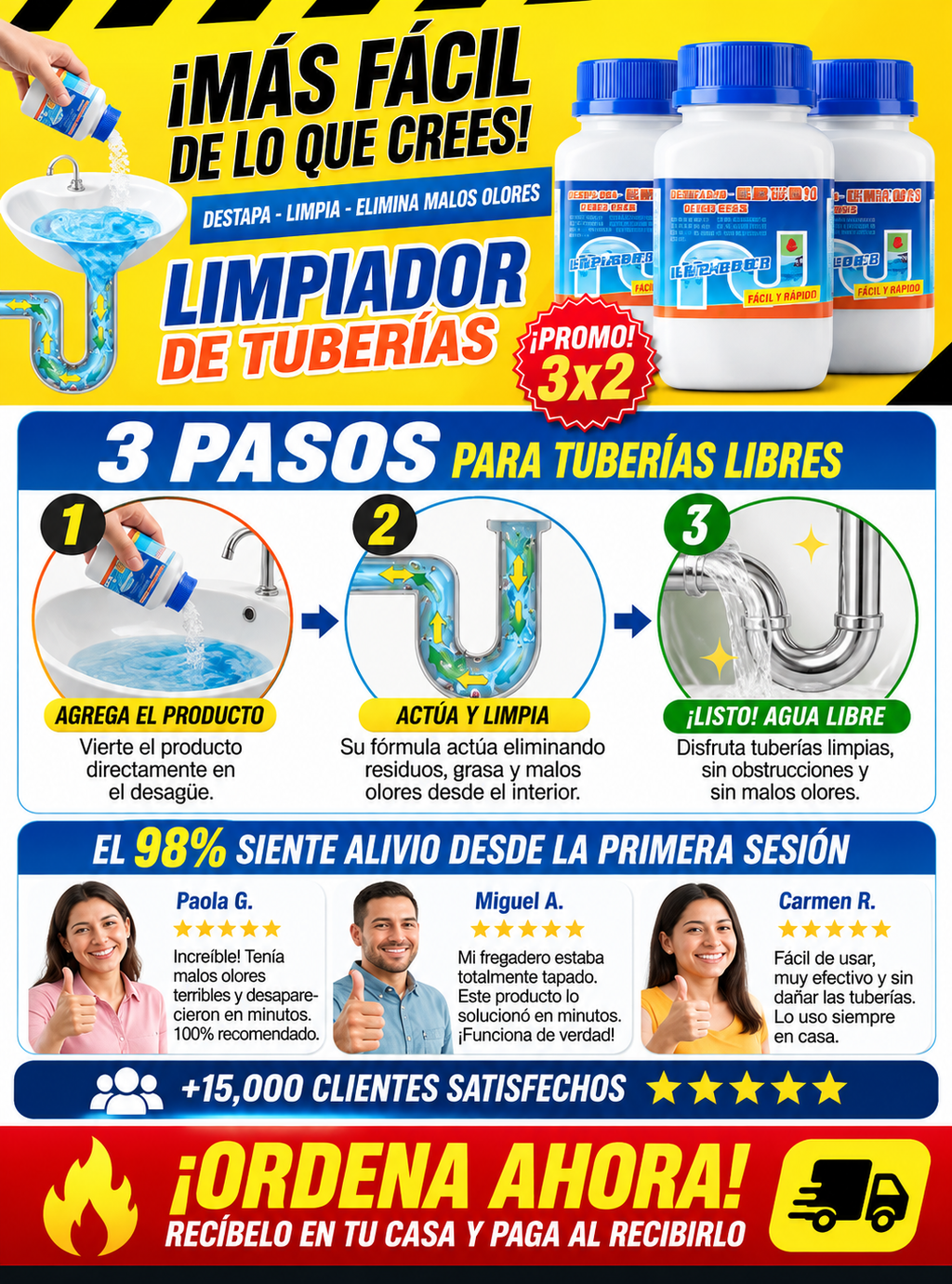 Polvo Limpia Tuberías 3x1 Destapacaños Efectivo
