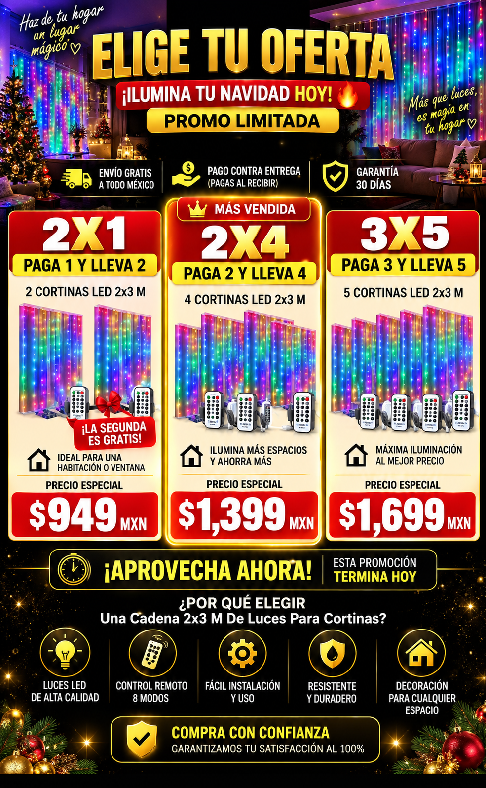 Cortina de Luces LED 2x3M Decorativa Navideña Impermeable