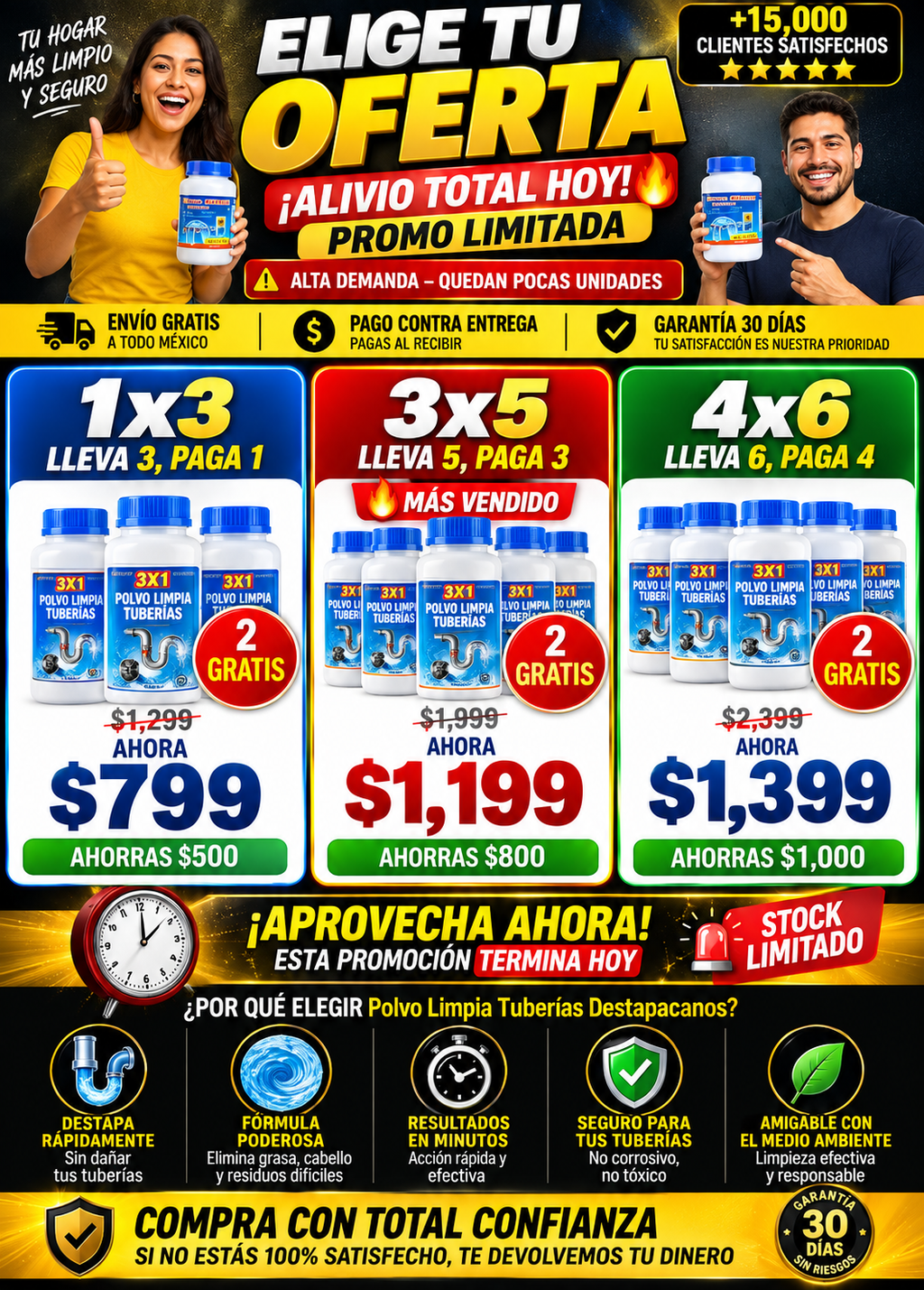 Polvo Limpia Tuberías 3x1 Destapacaños Efectivo