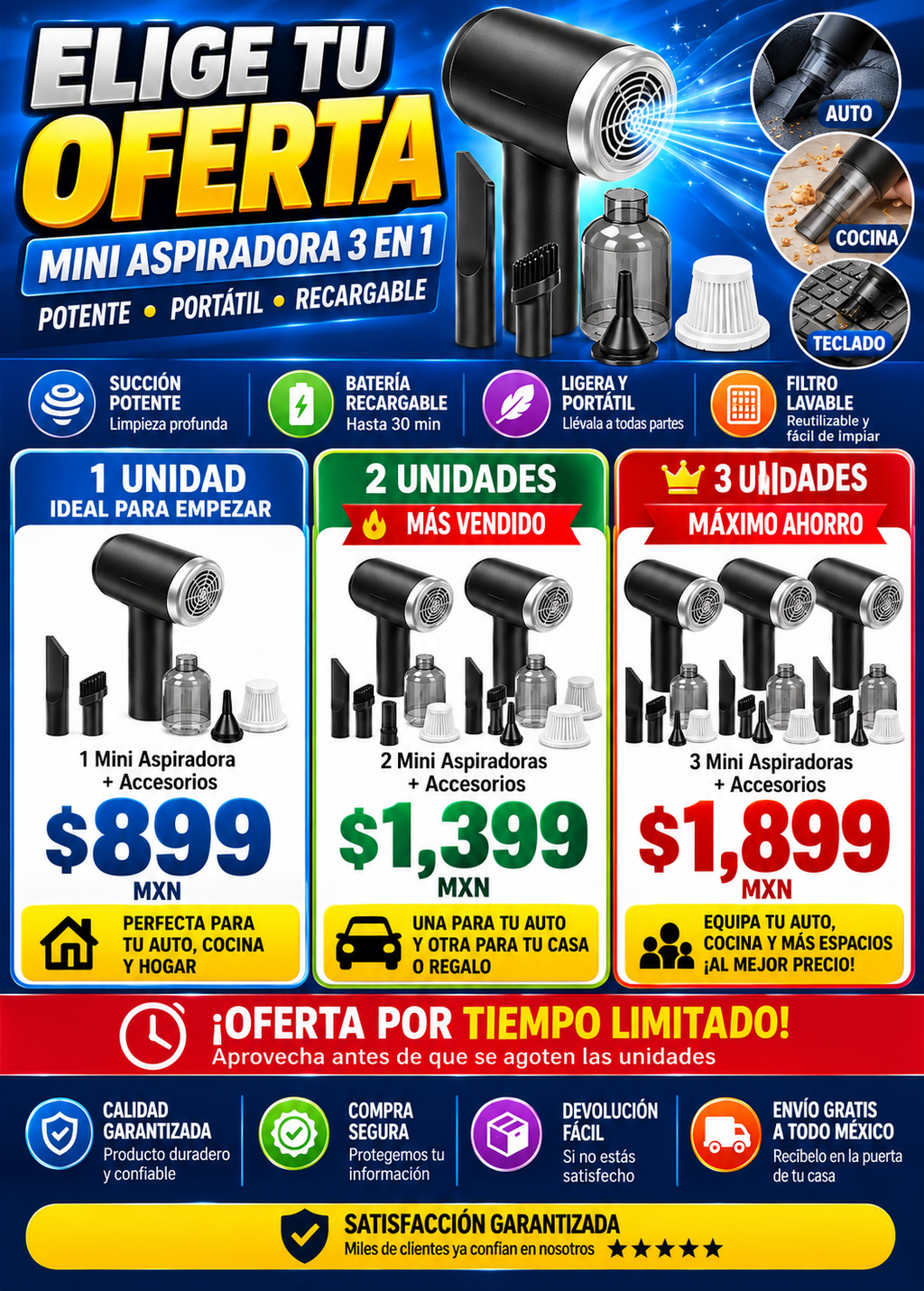 Mini Aspiradora Portátil 3 en 1 Led Autos Casa