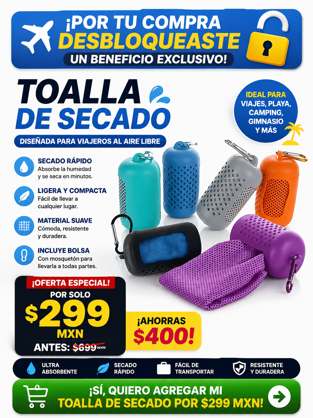 🏖️💦 Toalla de Secado Rápido – ¡Compacta, Súper Absorbente y Lista para Llevar a Todas Partes! ✈️🎒