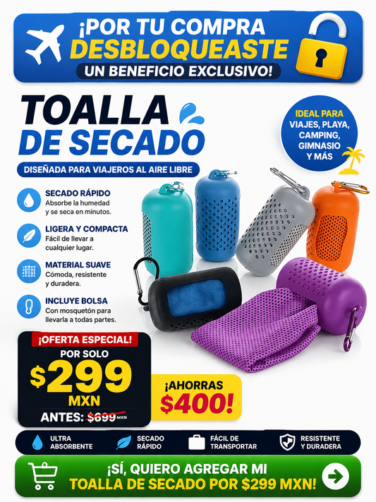 🏖️💦 Toalla de Secado Rápido – ¡Compacta, Súper Absorbente y Lista para Llevar a Todas Partes! ✈️🎒