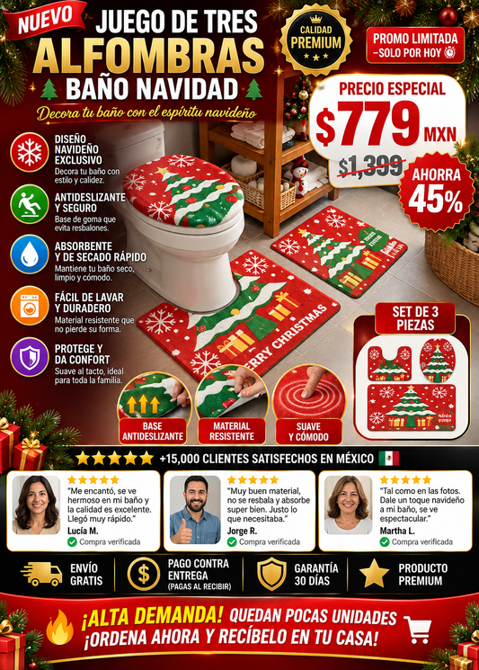 Juego Tres Alfombras Baño Navidad Premium Antideslizante