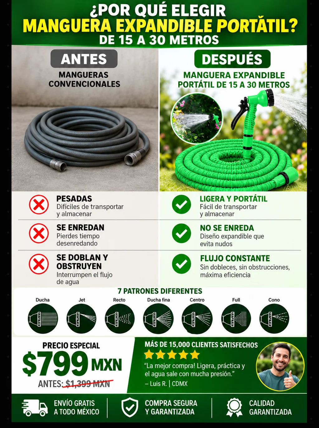 Manguera Expandible 30 Metros Resistente Duradera Premium