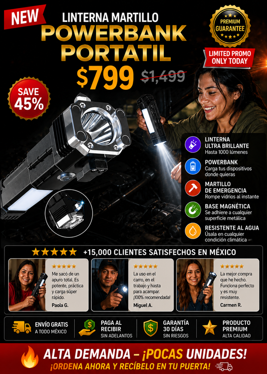Linterna Martillo Powerbank Portátil 3 en 1