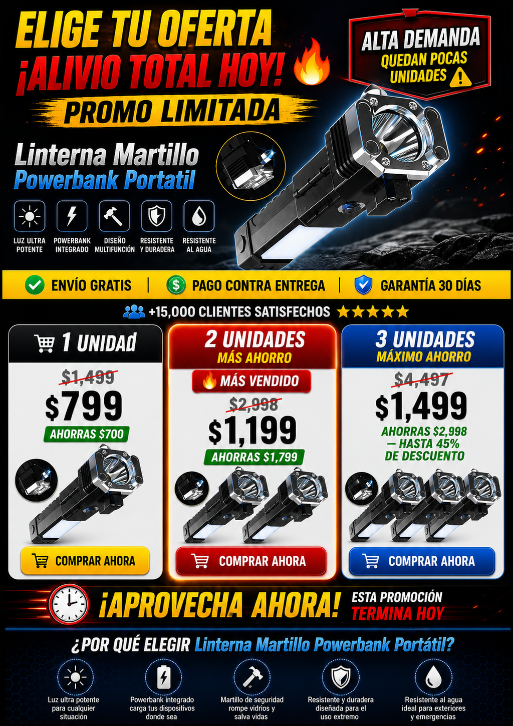 Linterna Martillo Powerbank Portátil 3 en 1