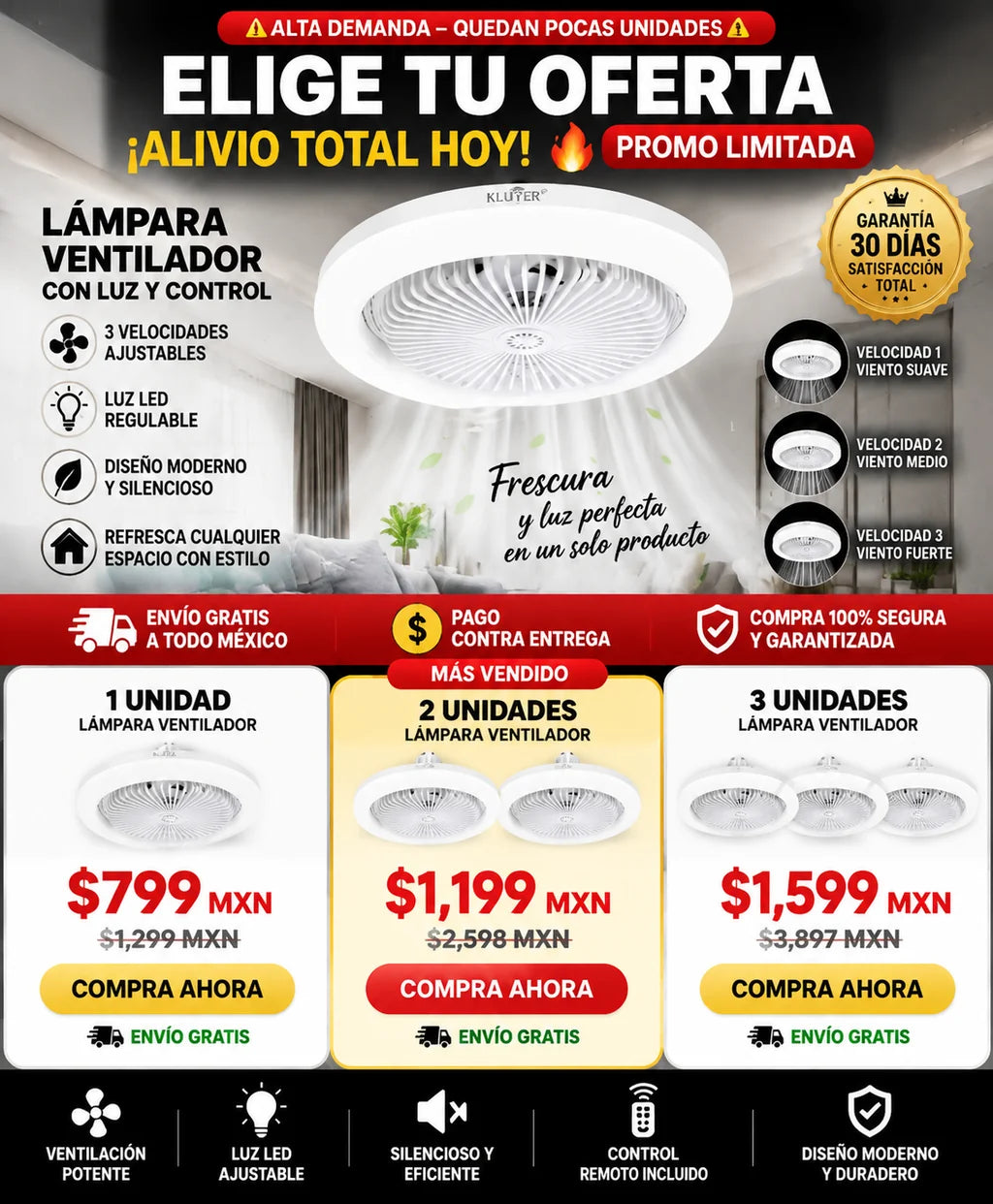 Lámpara Ventilador LED Control Remoto Silencioso