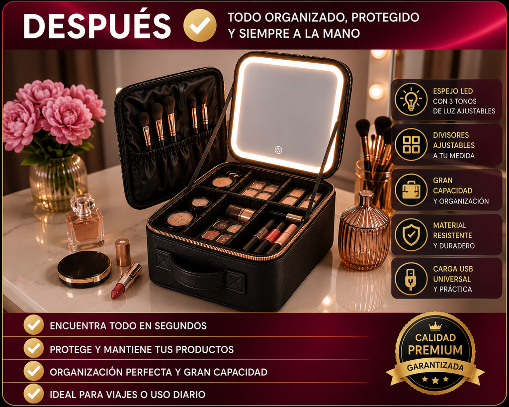 Estuche Maquillaje Espejo LED Portátil Premium