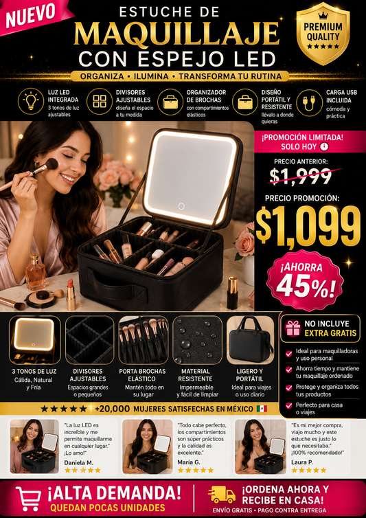 Estuche Maquillaje Espejo LED Portátil Premium
