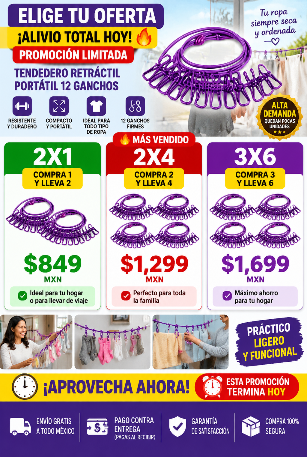 Tendedero Retráctil Portátil 12 Ganchos 2 Piezas