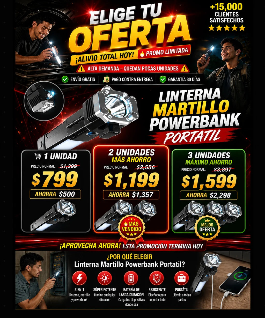 Linterna Martillo Powerbank 3 en 1 Portátil