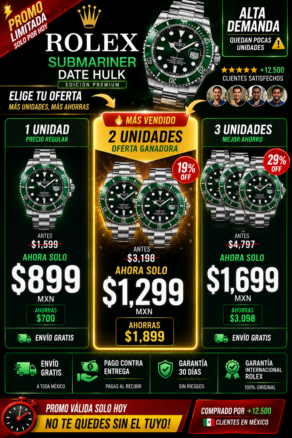 Reloj Verde Rolex Elegante Deportivo Hombre Premium