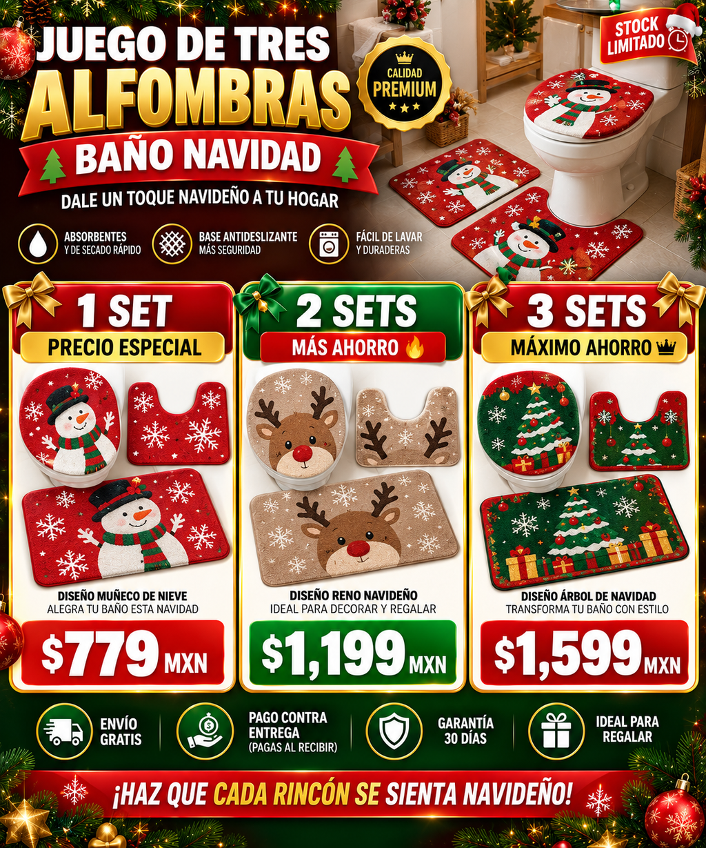 Juego Tres Alfombras Baño Navidad Premium Antideslizante