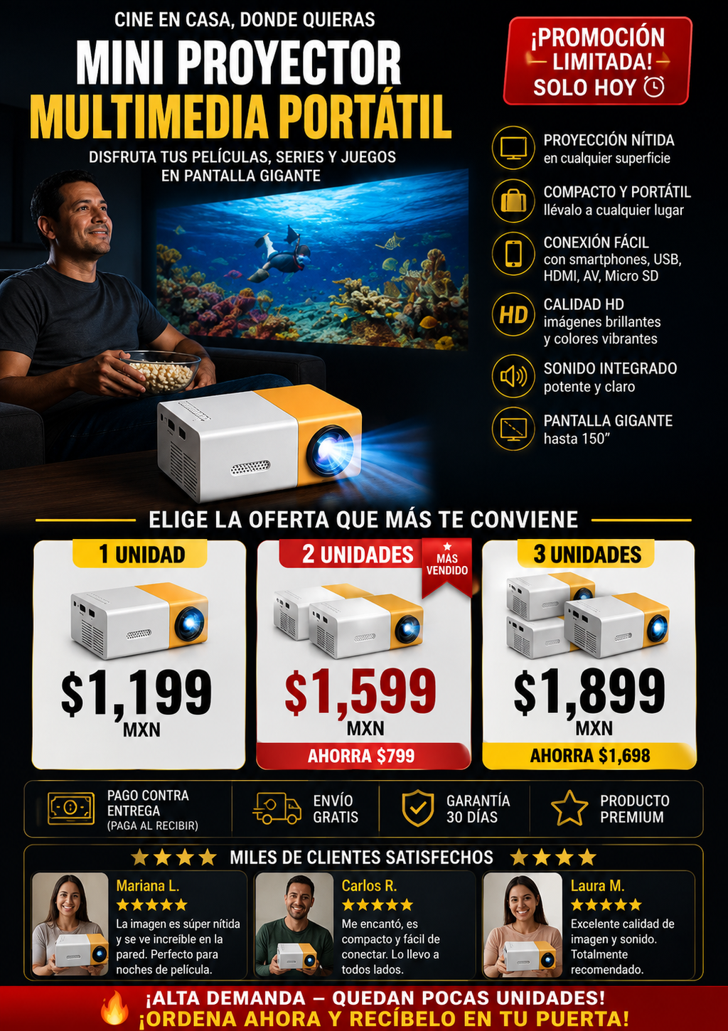 Mini Proyector Portátil Multimedia Full HD Entrega Inmediata