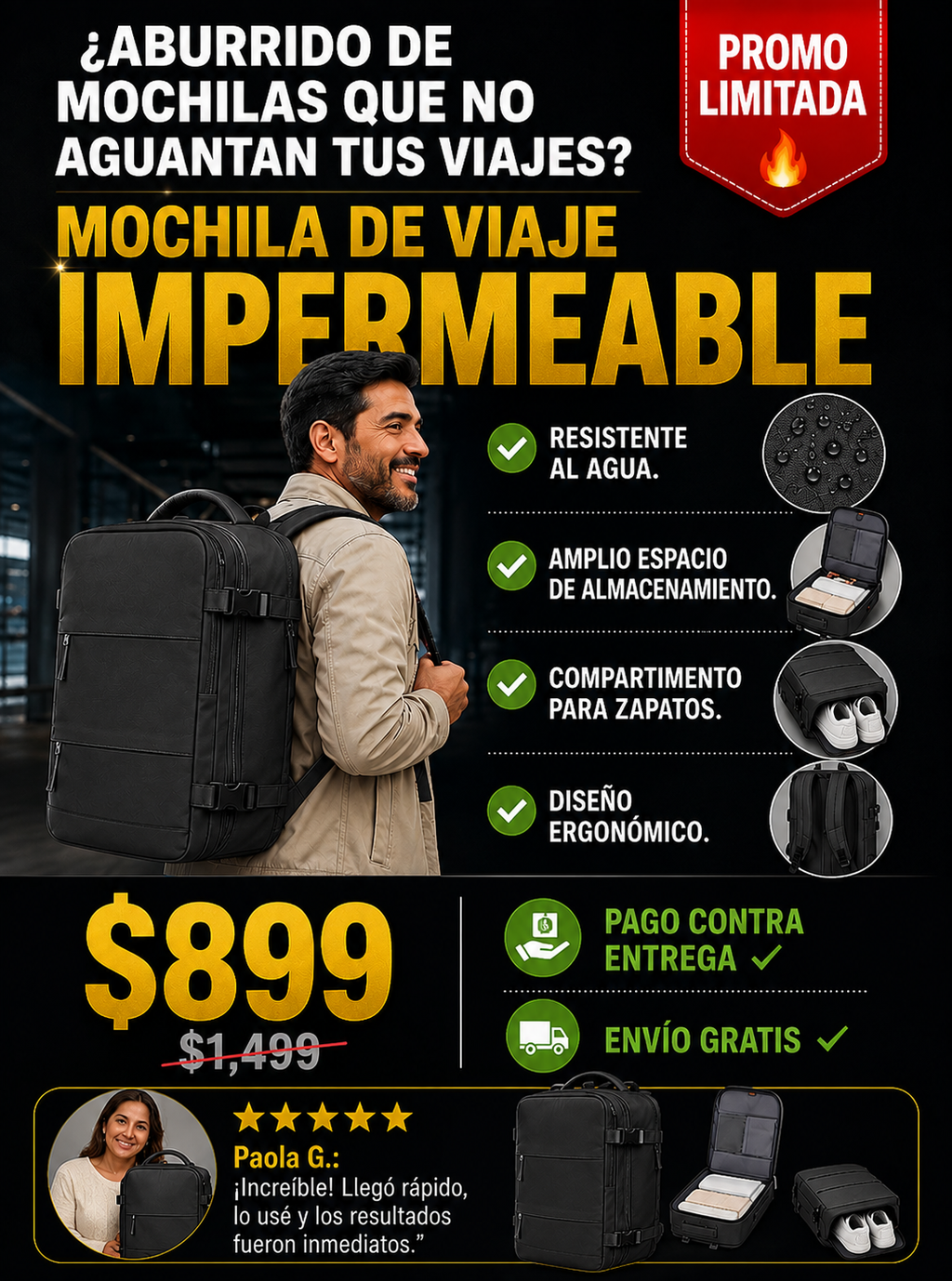 Mochila Impermeable Viaje - Resistente Premium