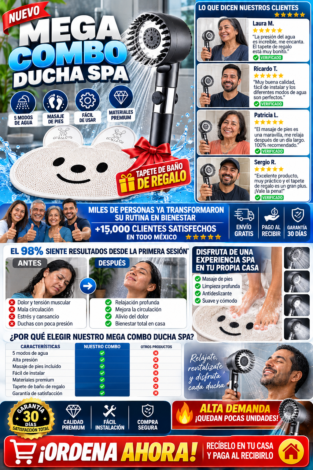 Ducha Spa + Tapete Masajeador Pies Gratis