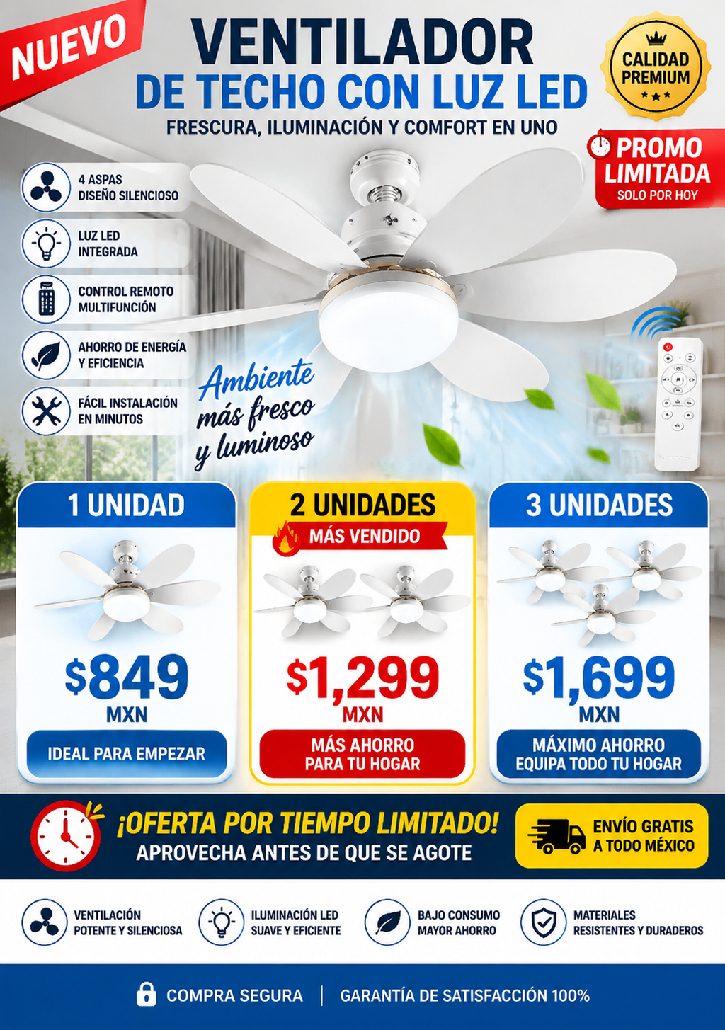 Ventilador de Techo LED Control Remoto Moderno