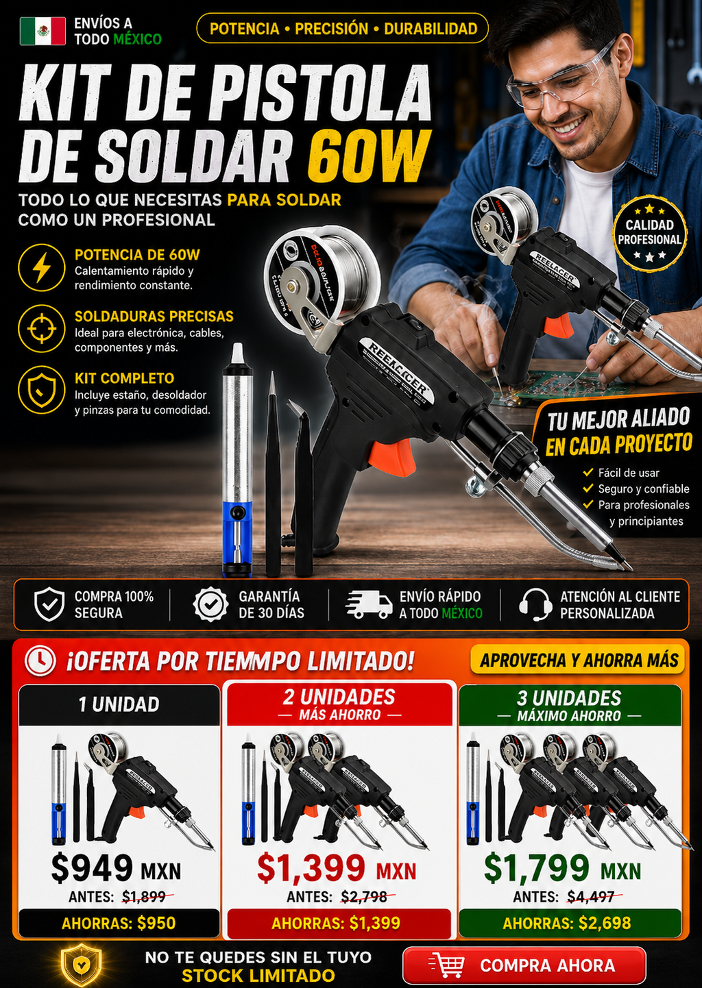 Kit Pistola Soldar 60W Profesional Completo