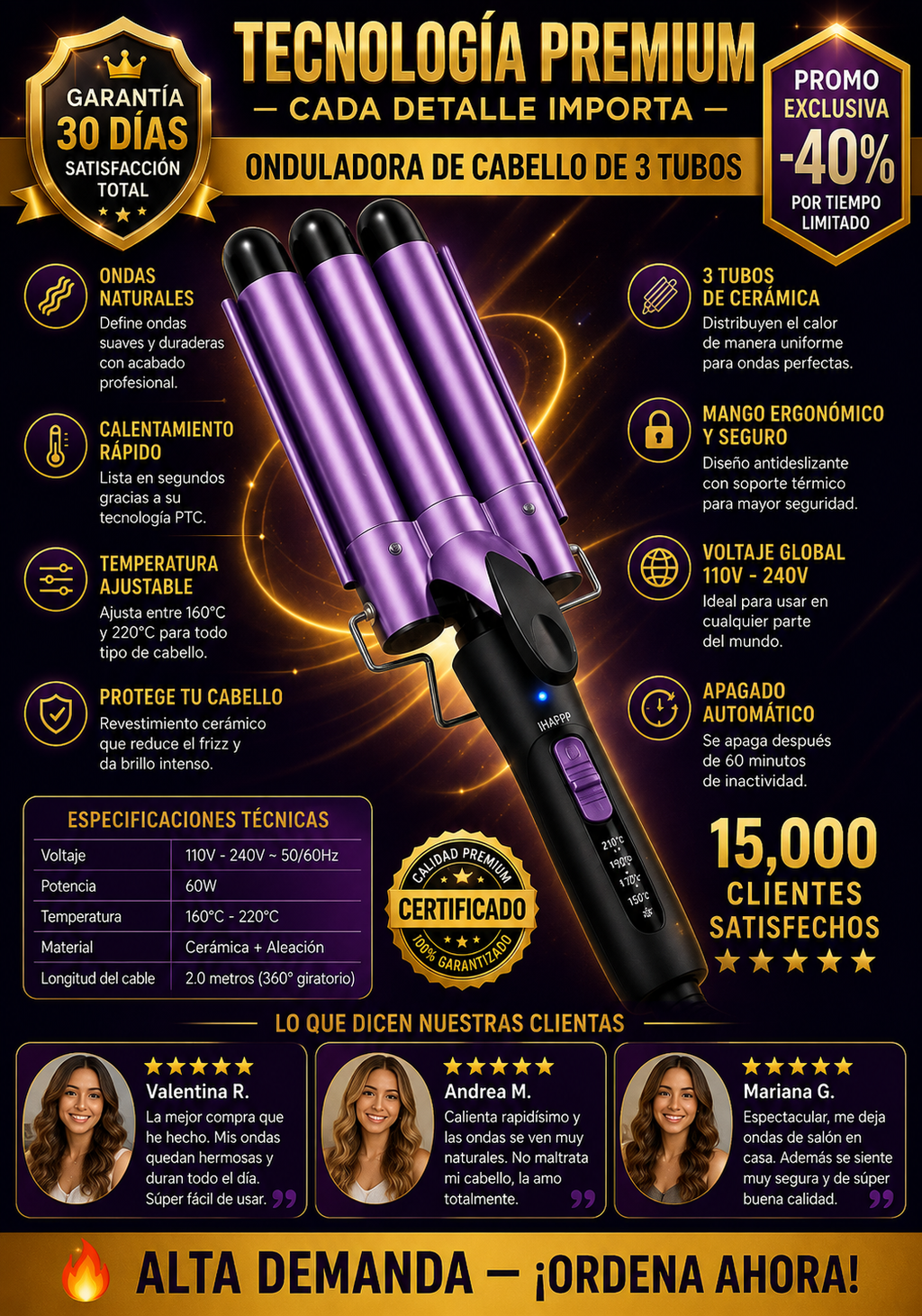 Onduladora De Cabello 3 Tubos Profesional Premium