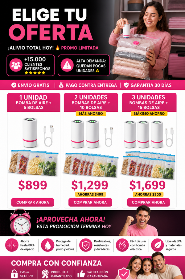 Bolsas Al Vacio Con Bomba Almacenamiento incluye  x Bomba de aire manual 5 x Bolsas de almacenamiento al vacío