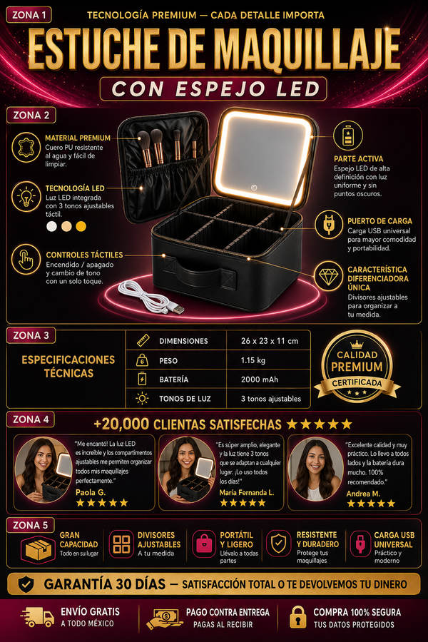 Estuche Maquillaje Espejo LED Portátil Premium