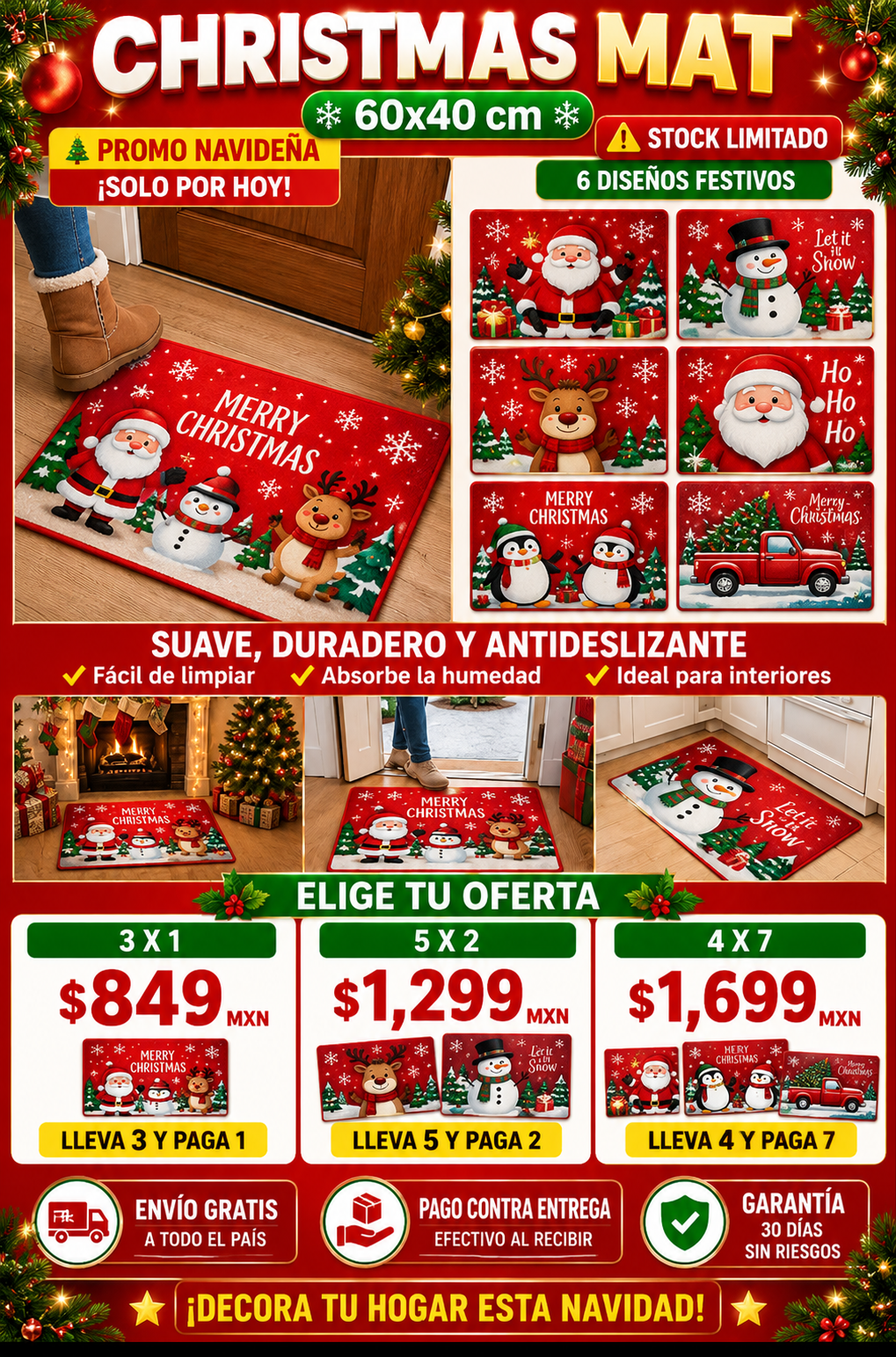 Tapete Navideño 60x40cm Antideslizante Premium