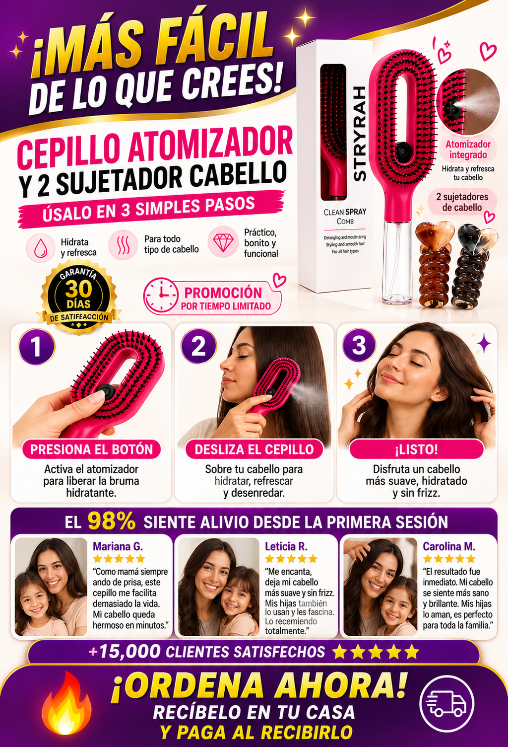 Cepillo Atomizador + 2 Sujetadores Cabello Premium