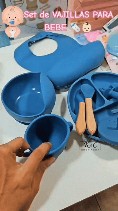 Set de vajilla de silicona para bebé con plato antideslizante y utensilios — video-producto