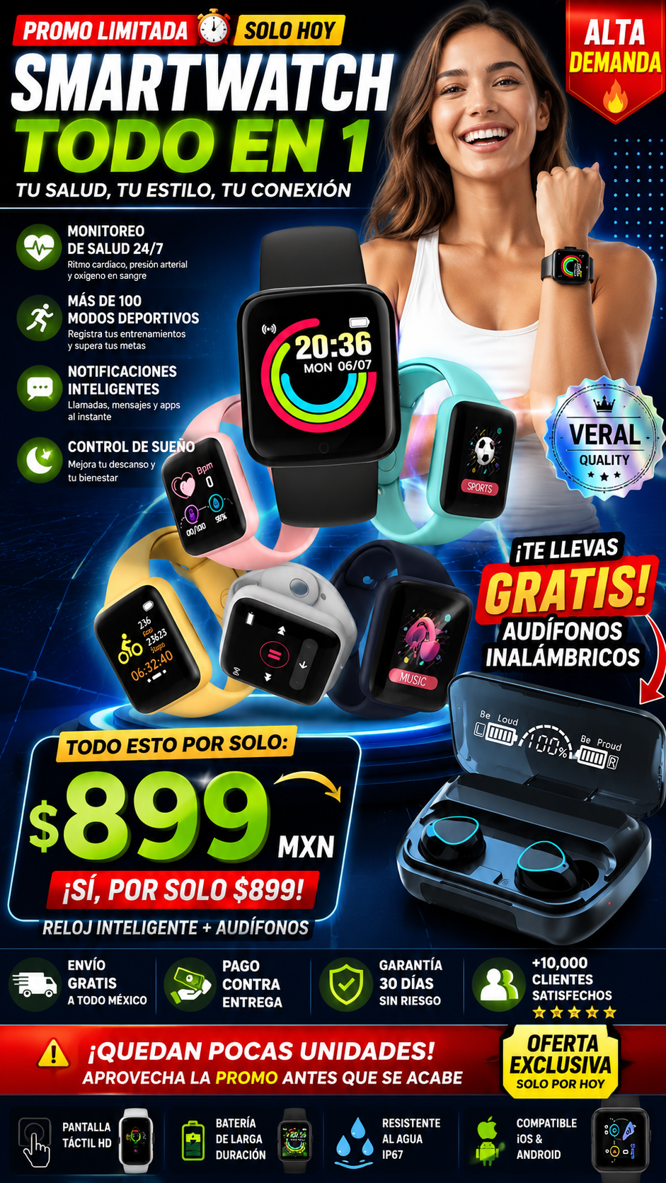 🔥 Smartwatch Todo en 1 + Audífonos Inalámbricos GRATIS 🎁