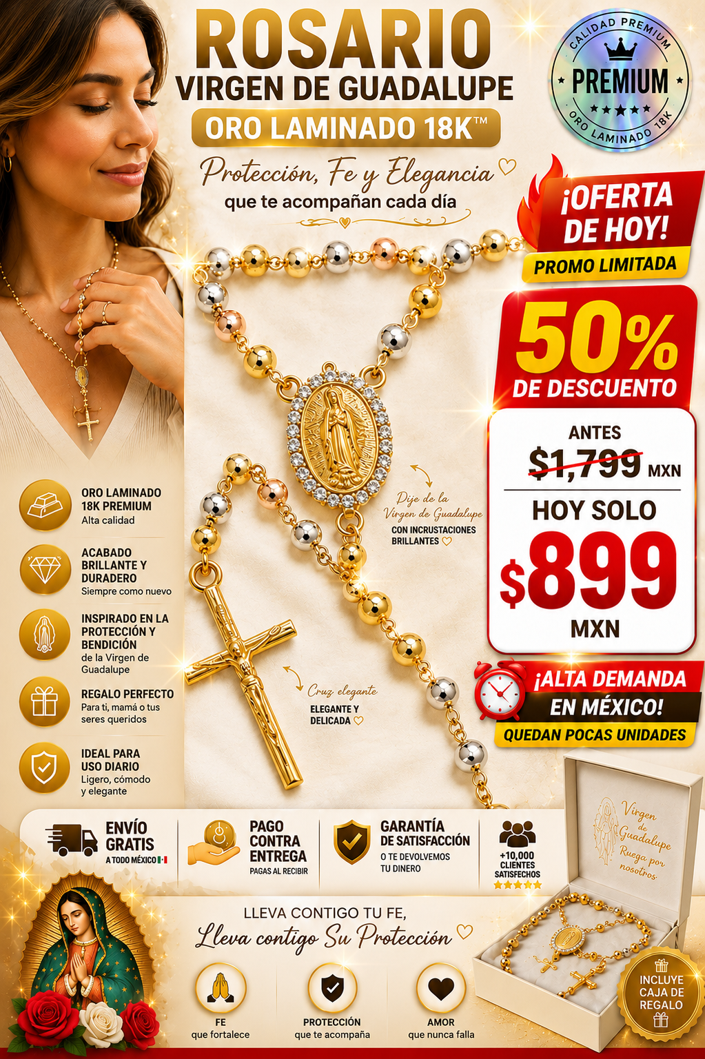 Rosario Virgen de Guadalupe Oro Laminado 18K