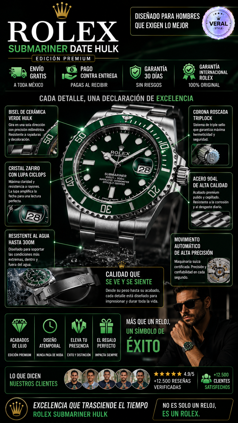 Reloj Verde Rolex Elegante Deportivo Hombre Premium