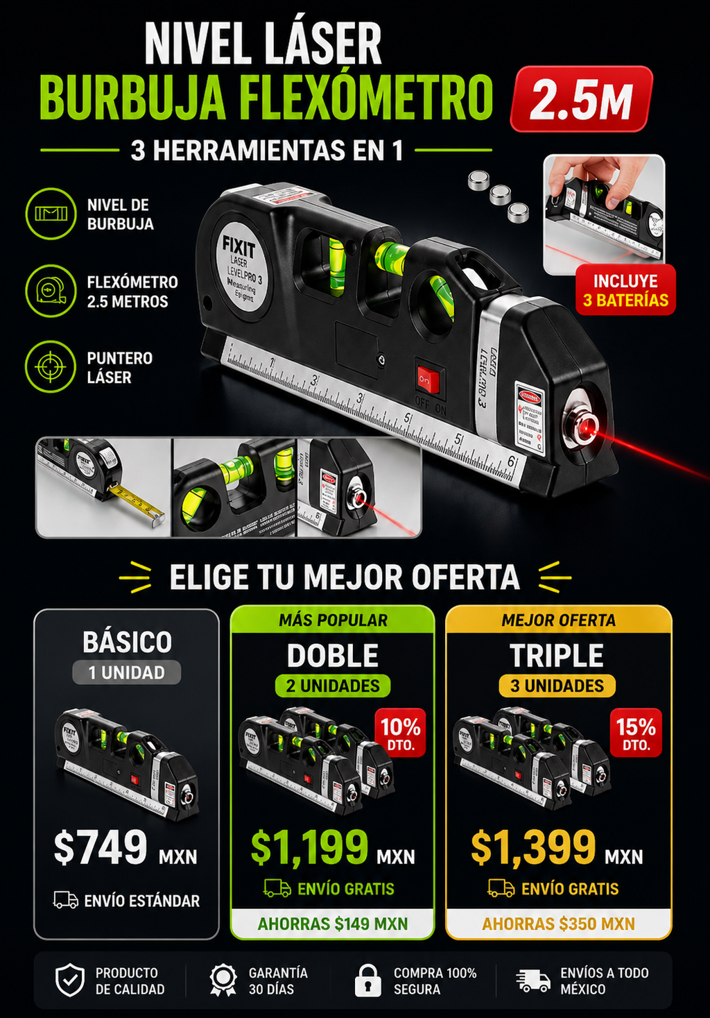 Láser Nivelador + Flexómetro 2.5m Profesional