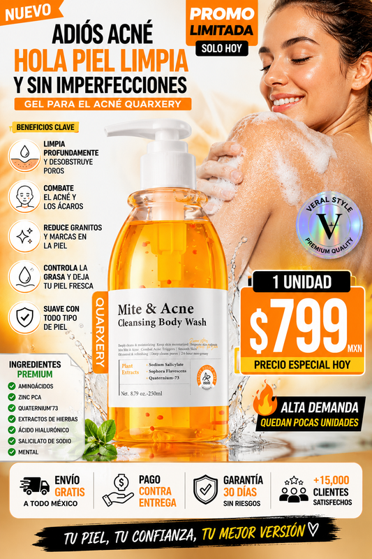 Quarxery Gel Antiacné Corporal 🧡 🚿 Limpieza profunda para una piel fresca, limpia y sin imperfecciones ✨