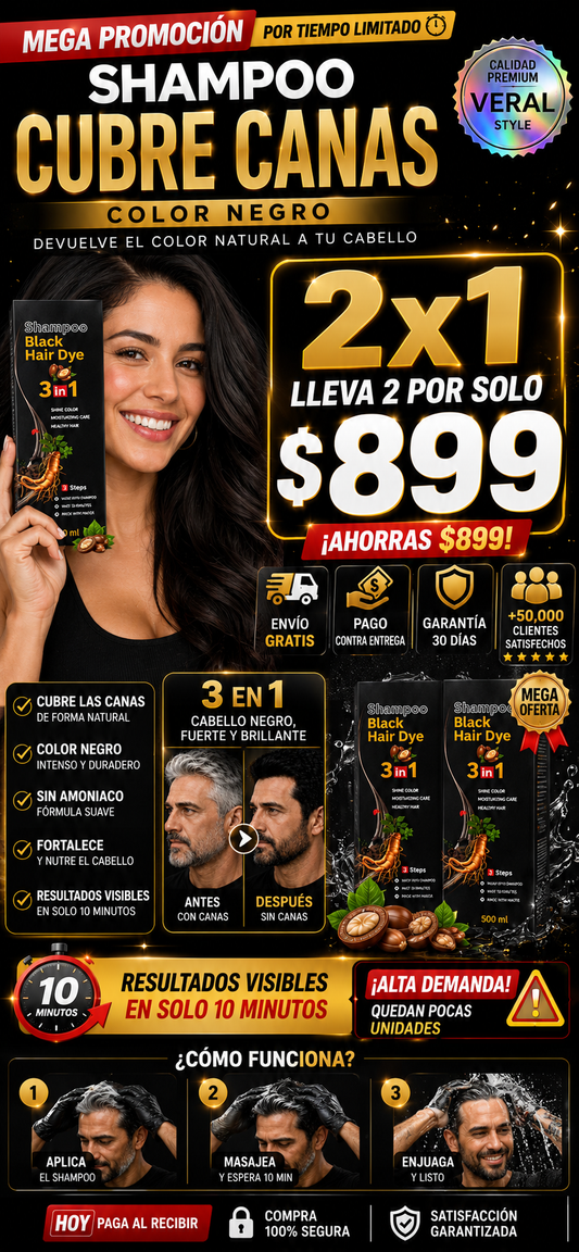 🔥 2x1 HOY: Shampoo Cubre Canas Color Negro 🖤 ✨ Recupera tu color natural en solo minutos ⚡