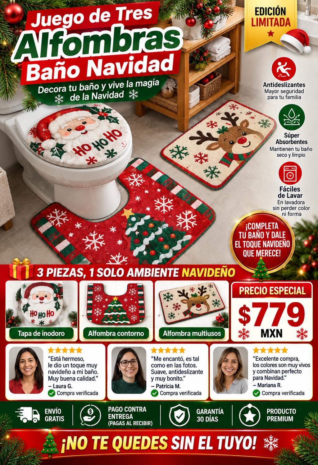 Juego Tres Alfombras Baño Navidad Premium Antideslizante