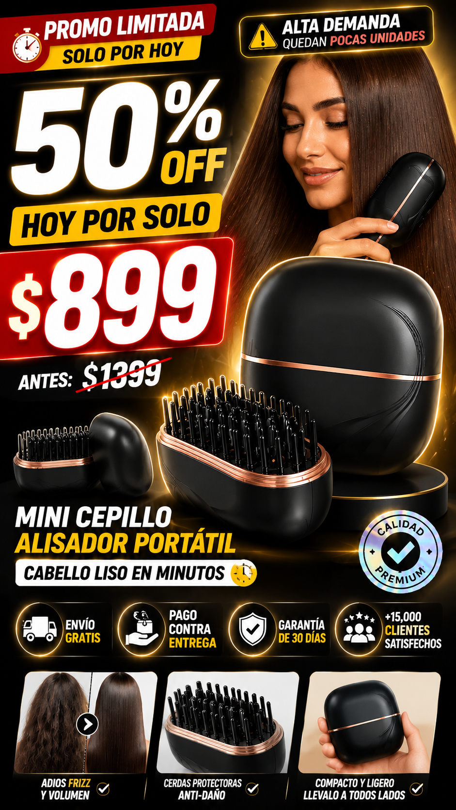 💎 Cepillo Alisador Portátil Viral 🔥 Liso, Brillo y Sin Frizz en Minutos ✨