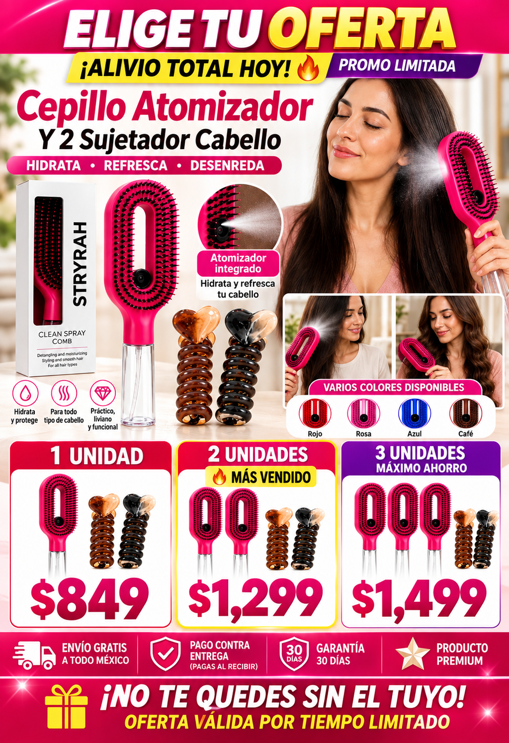 Cepillo Atomizador + 2 Sujetadores Cabello Premium