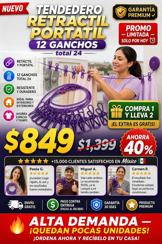 Tendedero Retráctil Portátil 12 Ganchos 2 Piezas