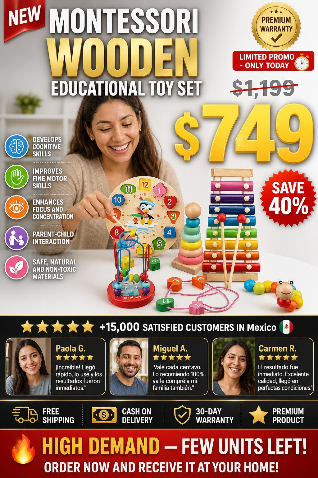 Set de juguetes educativos Montessori de madera con xilófono y torre apilable - imagen 1 - hero