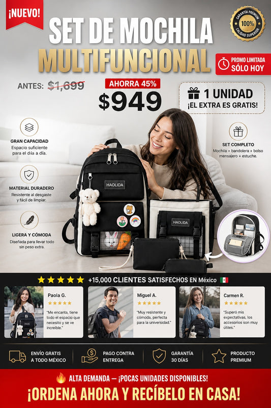 Set De Mochila Multifuncional incluye • 1 Mochila principal.  • 1 Bandolera.  • 1 Bolso mensajero.  • 1 Estuche.  • 1 Llavero de oso.  • 3 Botones decorativos.  • 2 Accesorios de conejo.  • 2 Accesorios de zanahoria. - imagen 1