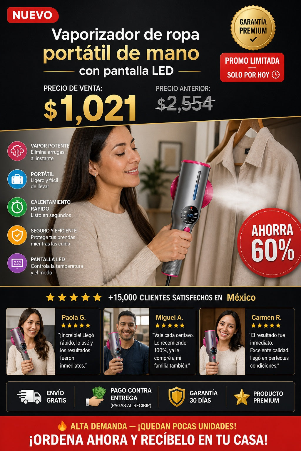Vaporizador de ropa portátil de mano con pantalla LED - imagen 1 - hero
